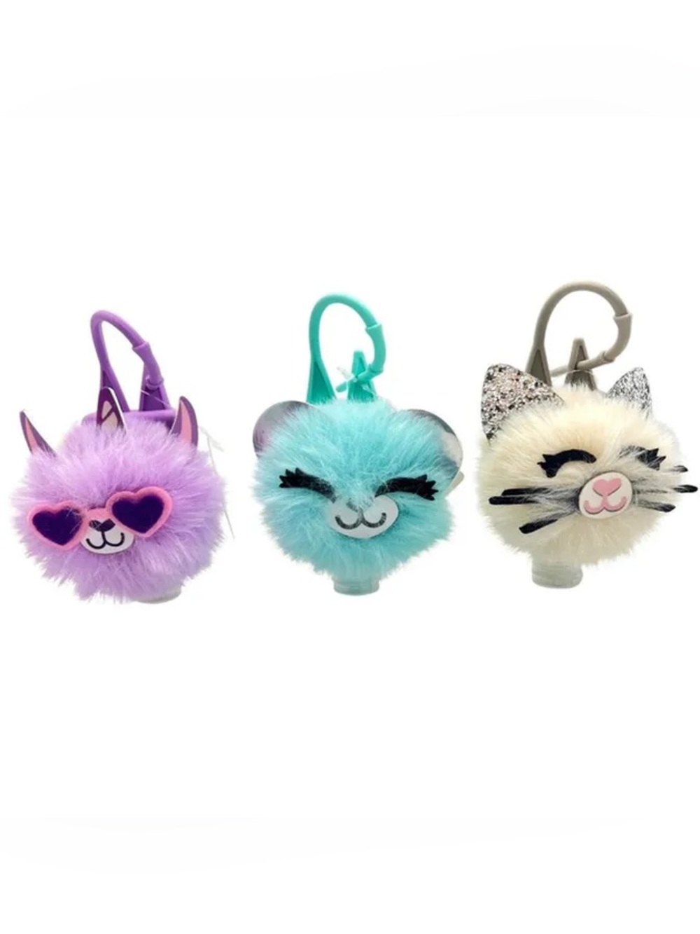Plush Animal Pom hand sanitizer holder Trio - Purple, Aqua, Cream